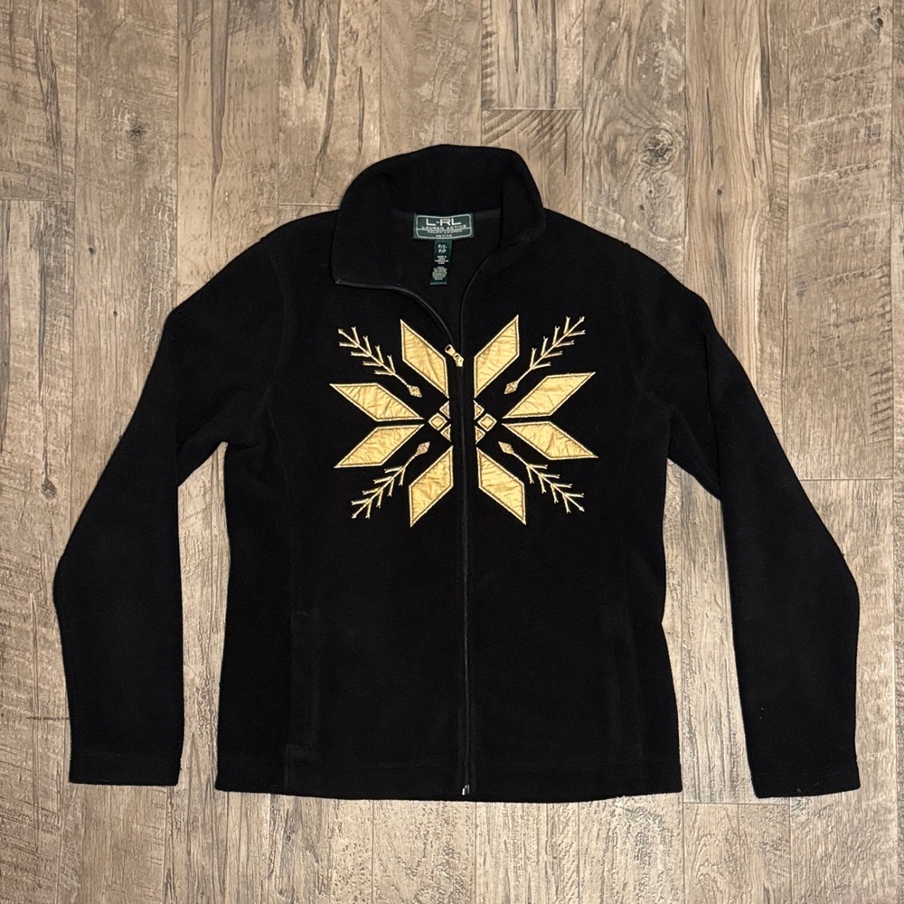 Lauren Ralph Lauren Black Fleece Zip-Up Jacket w/Gold Snowflake Design - Size SP